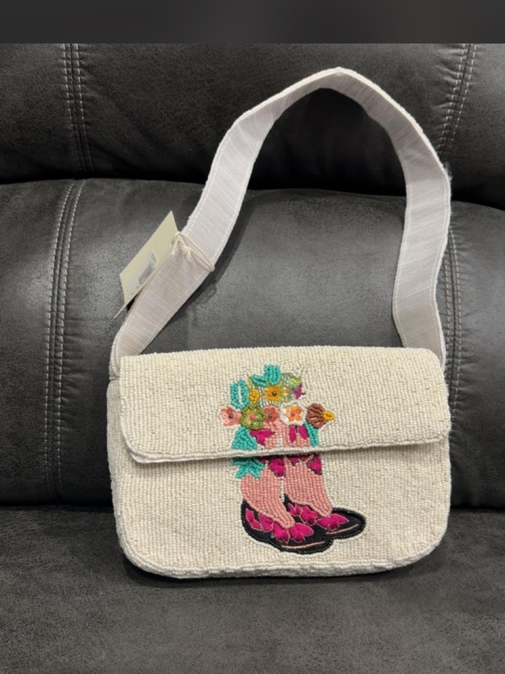 Beaded White Cowboy Boot Bag with Floral Embroidery